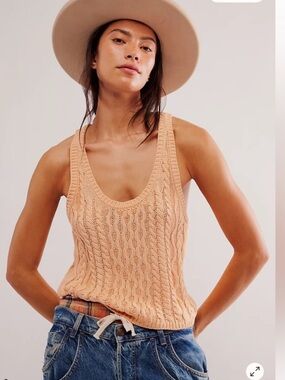 NWT FREE PEOPLE High Tide Cotton Cable Knit Tank Top Sweater Peachy Orange XS